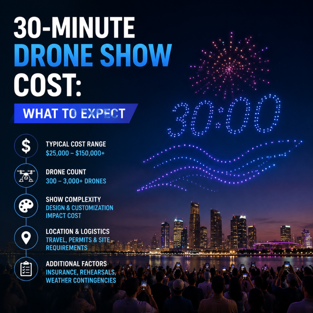 Infographic showing 30-minute drone show cost factors and what to expect