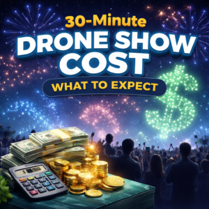 Pricing guide for a 30-minute drone show with fireworks and money icons.