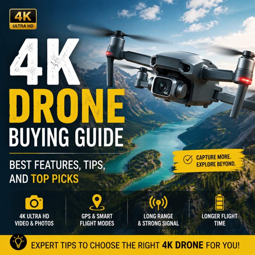 4K drone flying over mountains and a lake with a buying guide on features and tips