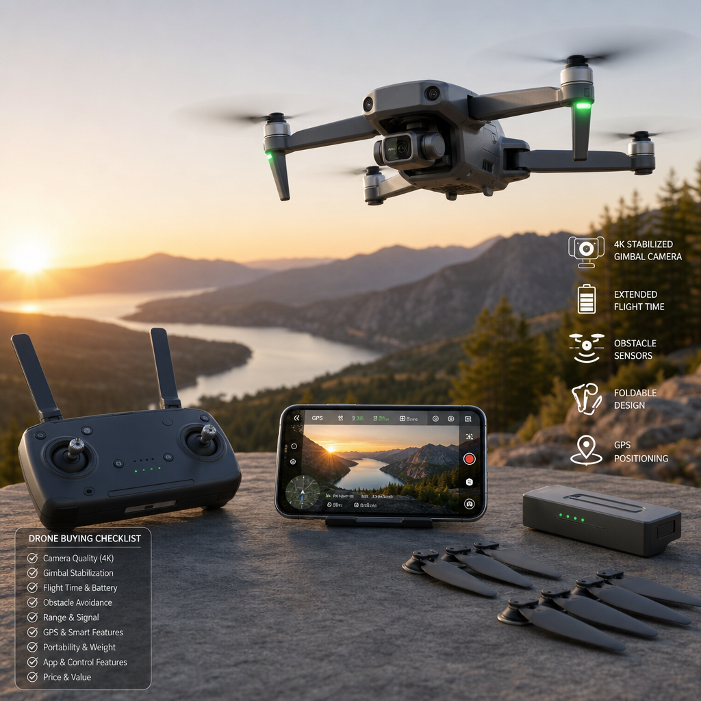 Foldable 4K drone with remote and phone screen filming a sunset landscape