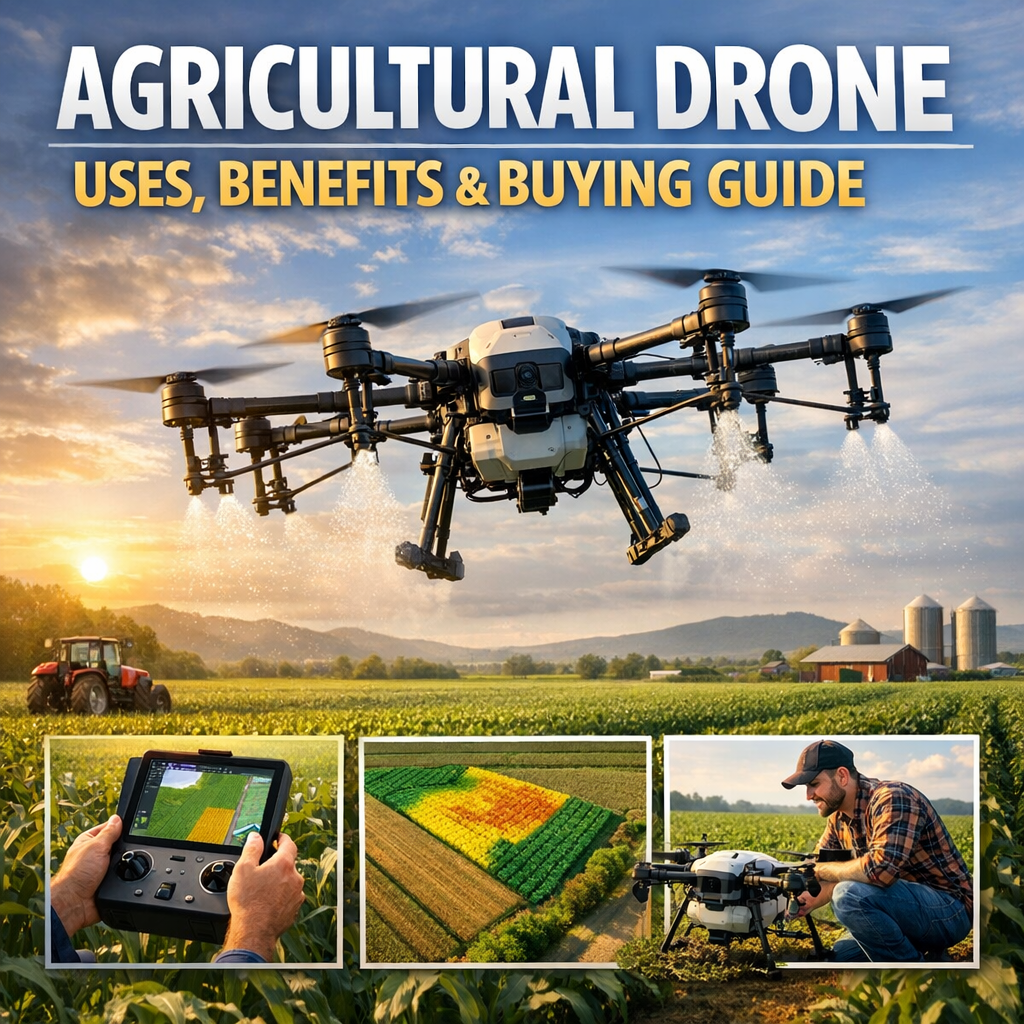 agricultural drones - Agricultural drone flying over farmland while an operator uses a remote control near a tractor and crop