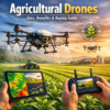 Agricultural drone monitoring crop health over a farm field with data analysis on a remote screen