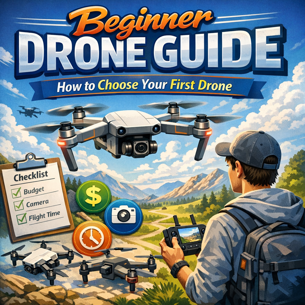 Beginner drone guide graphic with tips on budget, camera quality, and flight time for choosing a first drone
