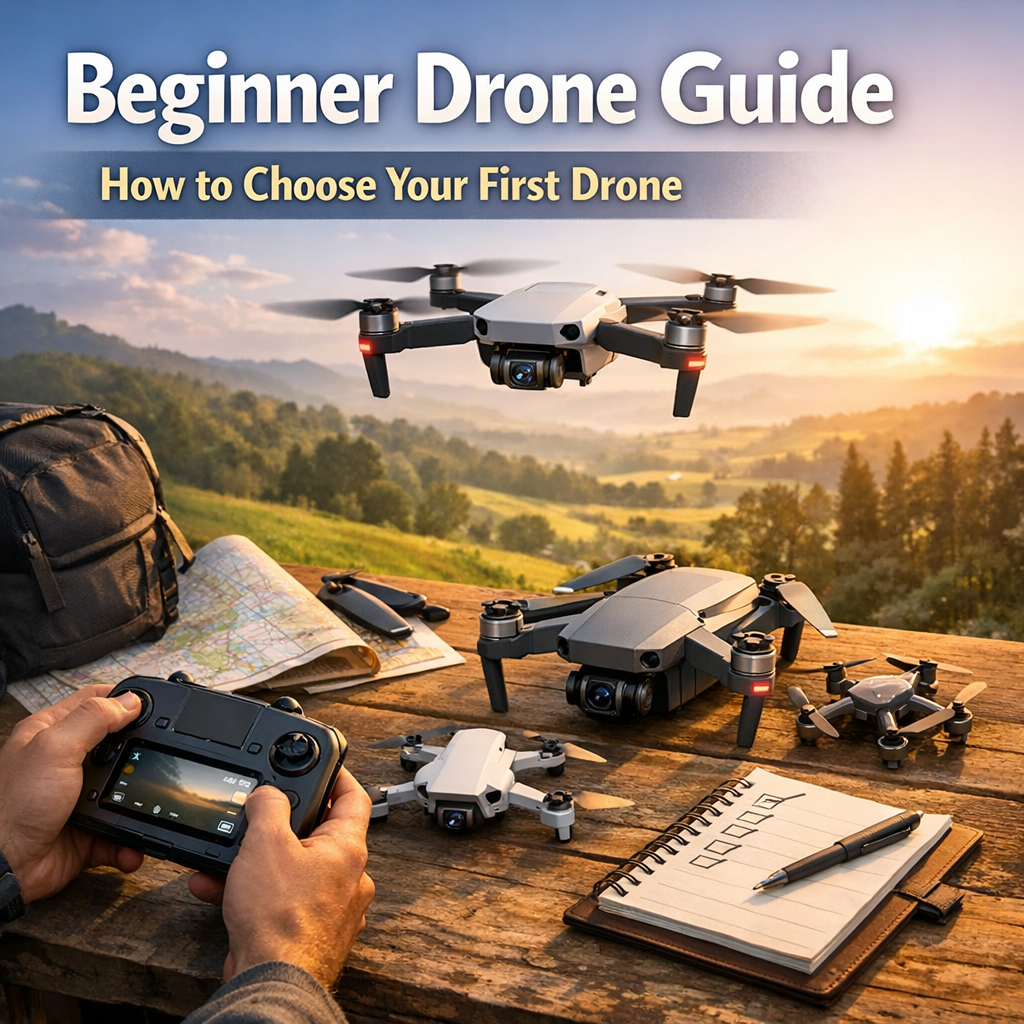 Beginner drone guide with drones, a remote controller, and outdoor scenery