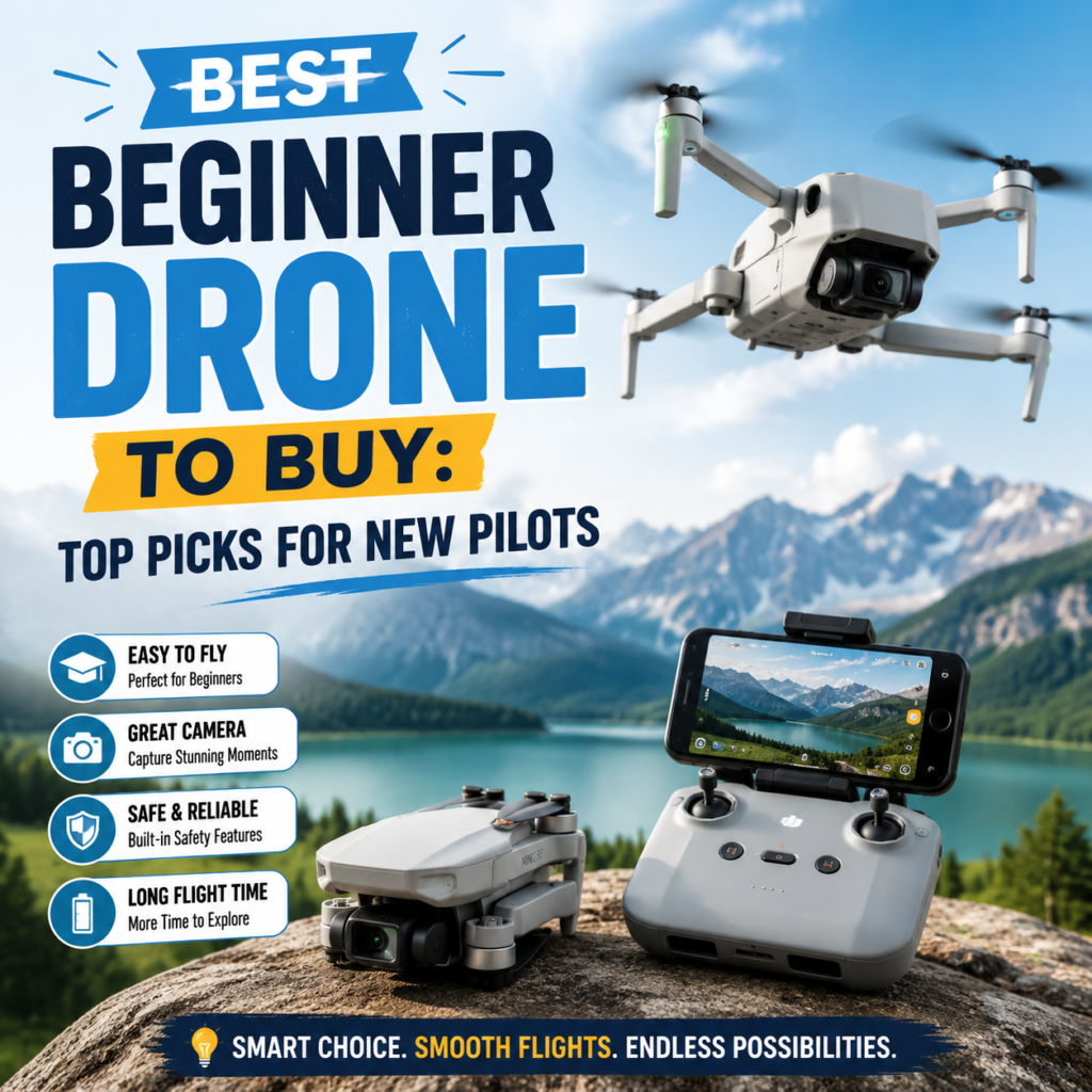 Beginner drone with camera and long flight time, shown in a product-style feature image for new pilots