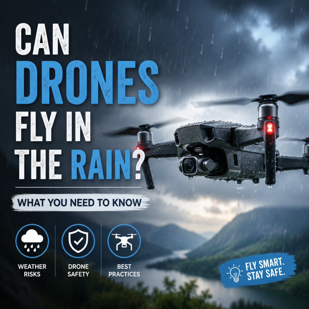 Drone flying in rainy weather, illustrating safety tips and risks for wet conditions