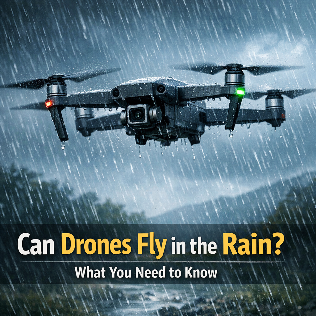Drone flying through heavy rain with text about flying drones in the rain