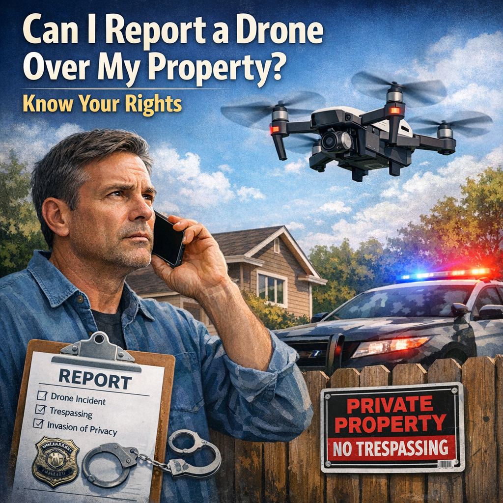 Man speaking with police about a drone flying over his private property