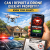 Drone flying over a residential property with options to report it and learn your legal rights