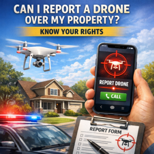 Drone flying over a residential property with options to report it and learn your legal rights