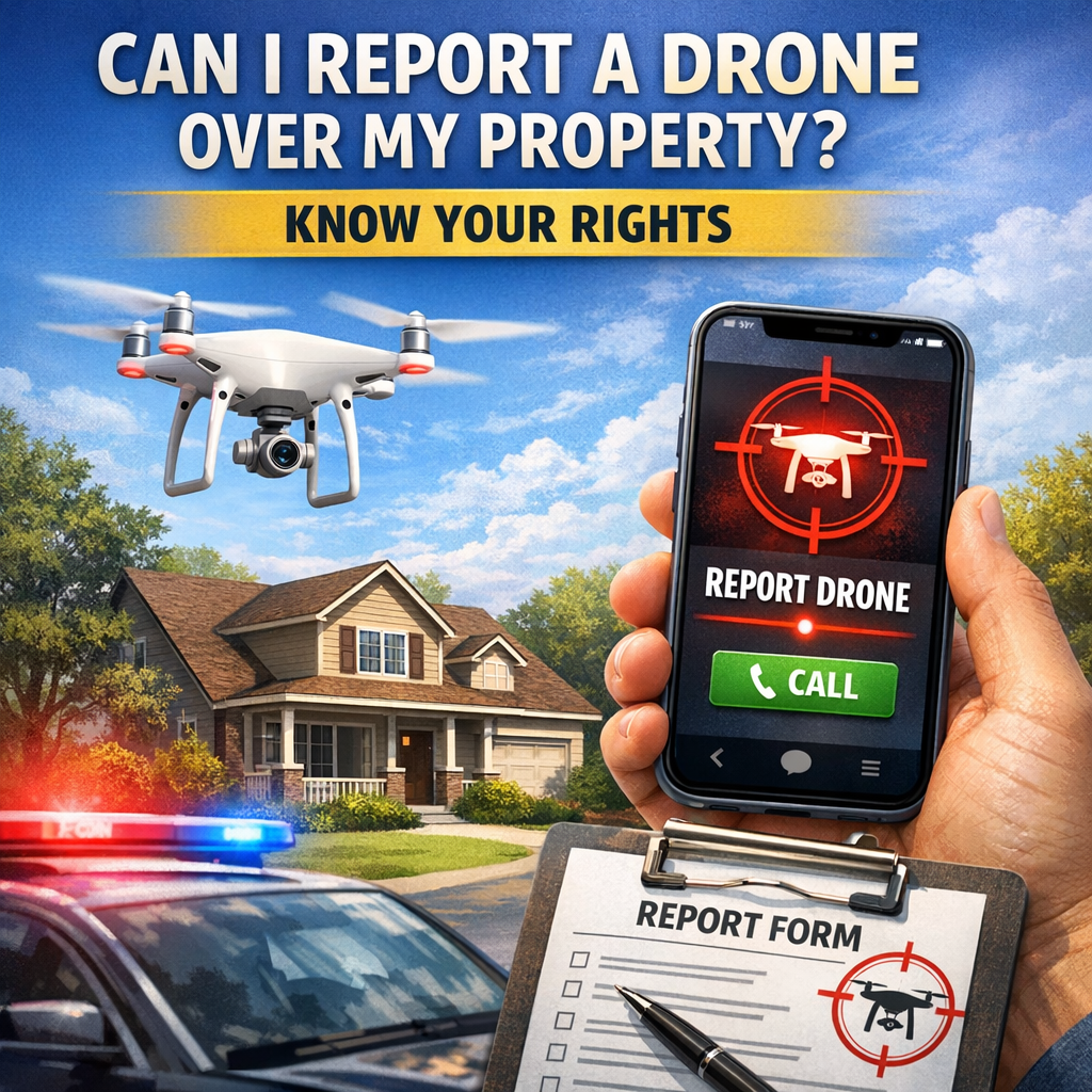 Drone flying over a residential property with options to report it and learn your legal rights