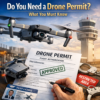 Drone permit approval diagram showing flight authorization, pilot license, and restricted area warning.