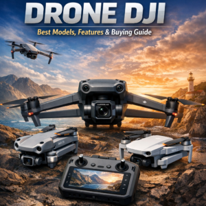 DJI drone models and buying guide over a scenic sunset landscape