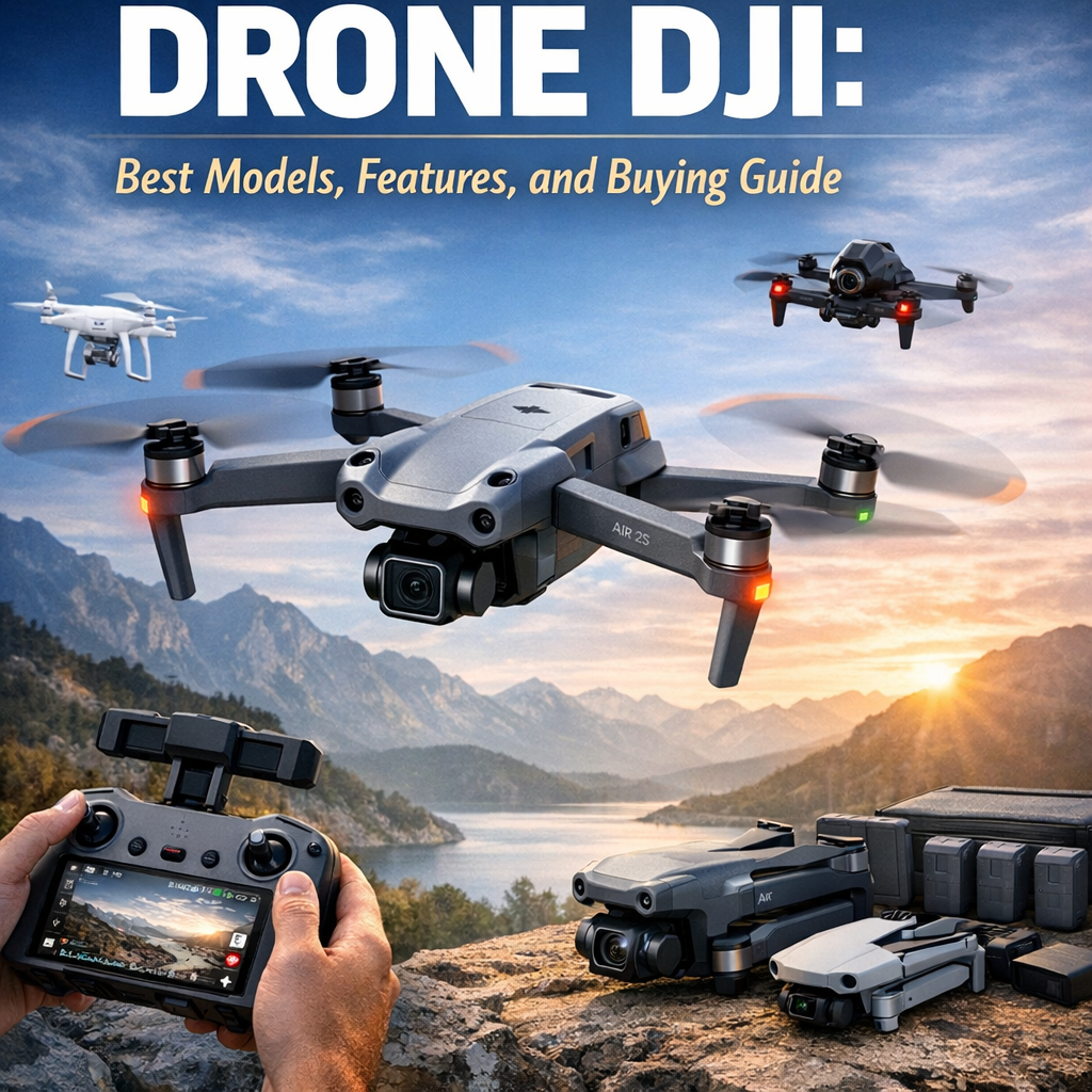 DJI drone models and features shown over a scenic mountain landscape buying guide