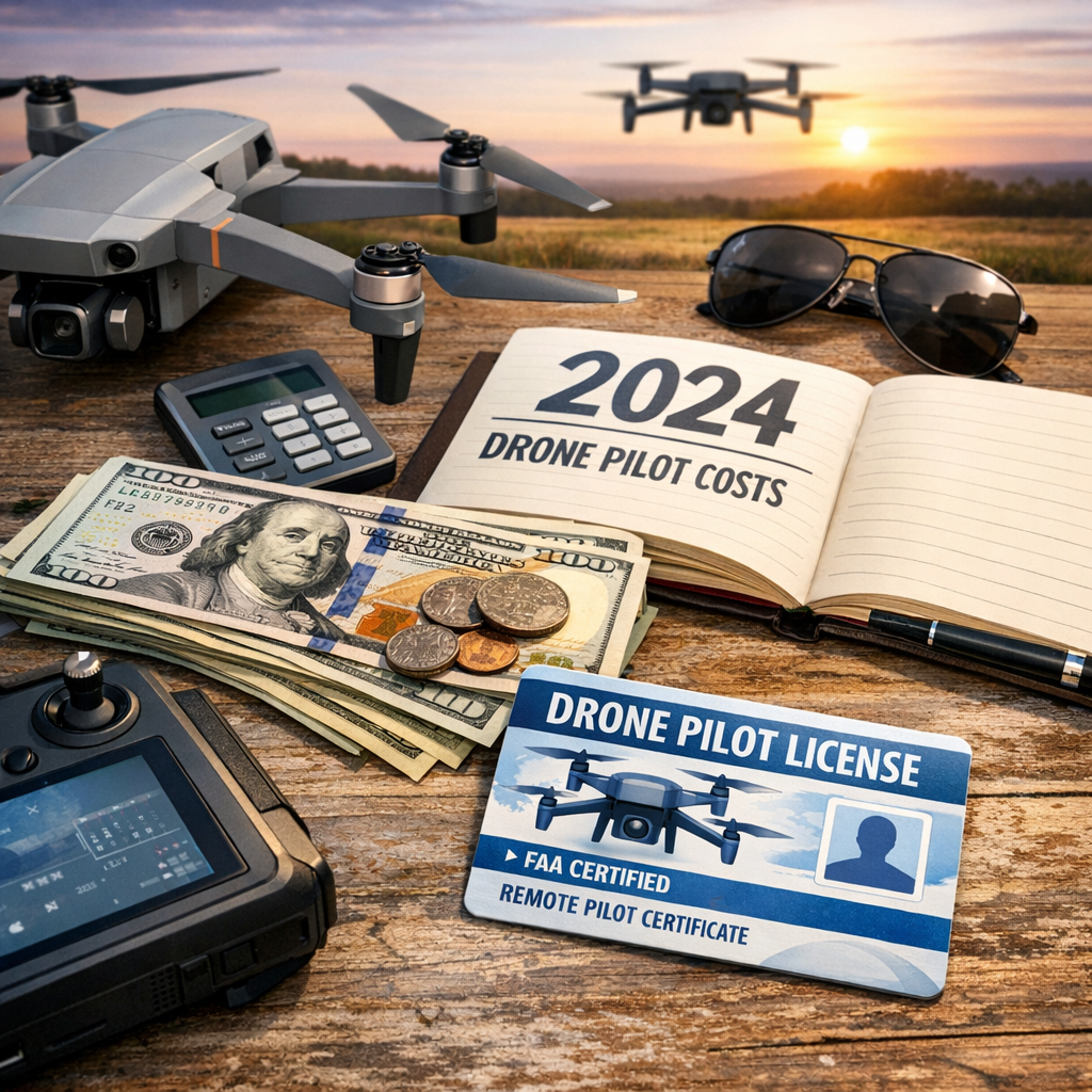 Drone, remote controller, and cash on a wooden table at sunset for 2024 pilot license cost planning