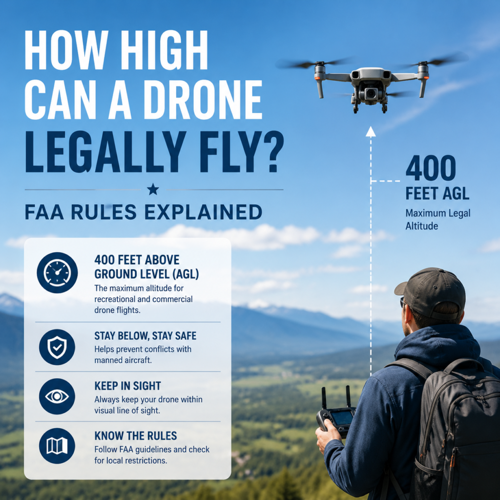 Infographic showing FAA drone rules limiting legal flight altitude to 400 feet above ground level