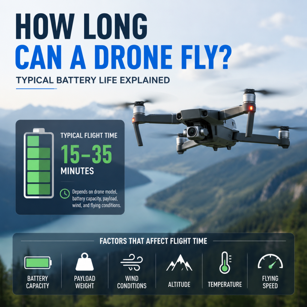 Drone hovering with battery life chart showing typical flight time of 15 to 35 minutes