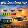 Infographic showing typical drone battery life with flight time examples and battery level indicators