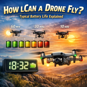 Infographic showing typical drone battery life with flight time examples and battery level indicators