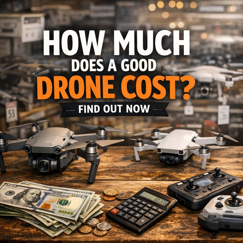 Two drones with money, a calculator, and controllers illustrating drone costs