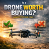 Drone silhouette at sunset beside pros and cons text for a buying guide