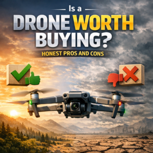 Drone silhouette at sunset beside pros and cons text for a buying guide