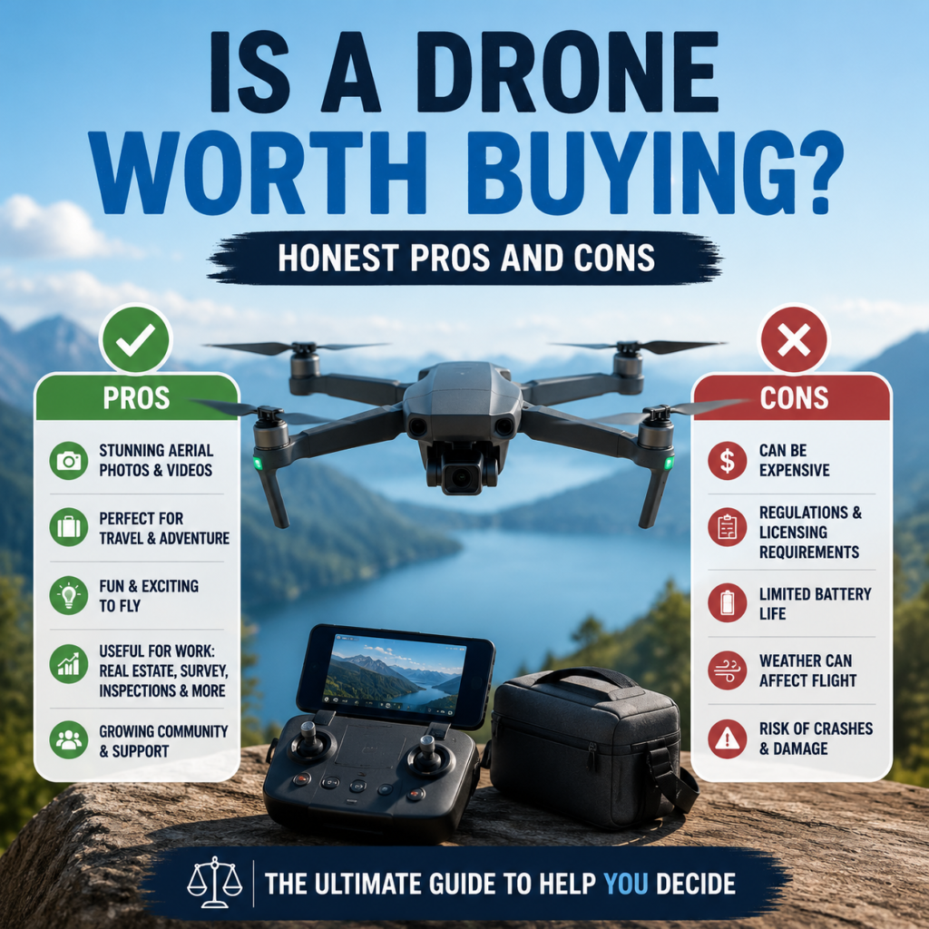 Infographic showing pros and cons of buying a drone for aerial photography and adventure.