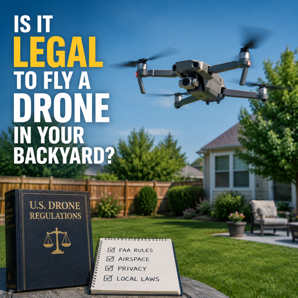 Infographic about U.S. rules for flying drones in a backyard and legal safety considerations