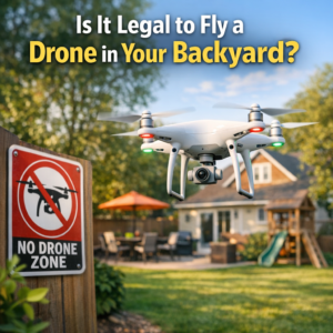 No drone zone sign in a residential backyard with a drone flying overhead, illustrating backyard drone legality.