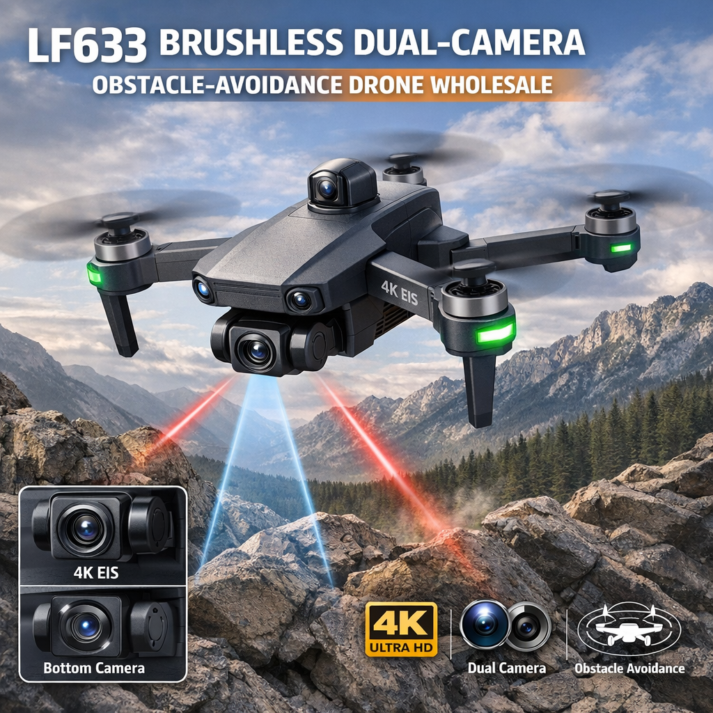 LF633 brushless drone with dual cameras and obstacle avoidance, shown for wholesale use.