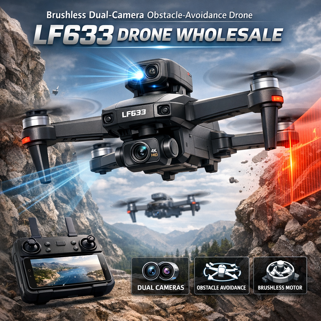 LF633 brushless dual-camera drone with obstacle avoidance, shown in a wholesale product listing
