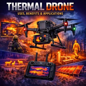 Thermal drone highlighting firefighting, wildlife monitoring, and solar panel inspection uses