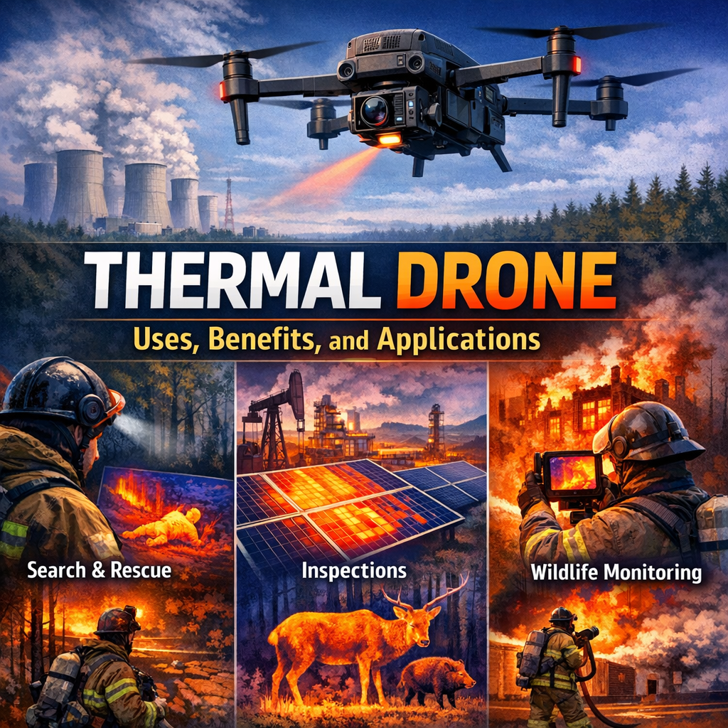 Thermal drone scanning a landscape for search and rescue, inspection, and wildlife monitoring tasks