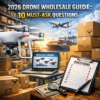 2026 drone wholesale guide with buyer questions, drones, shipping boxes, and logistics visuals