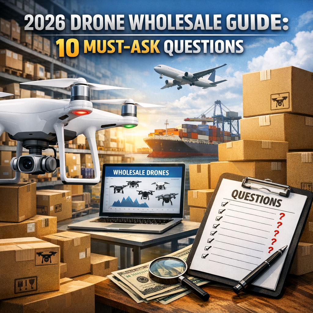 2026 drone wholesale guide with buyer questions, drones, shipping boxes, and logistics visuals