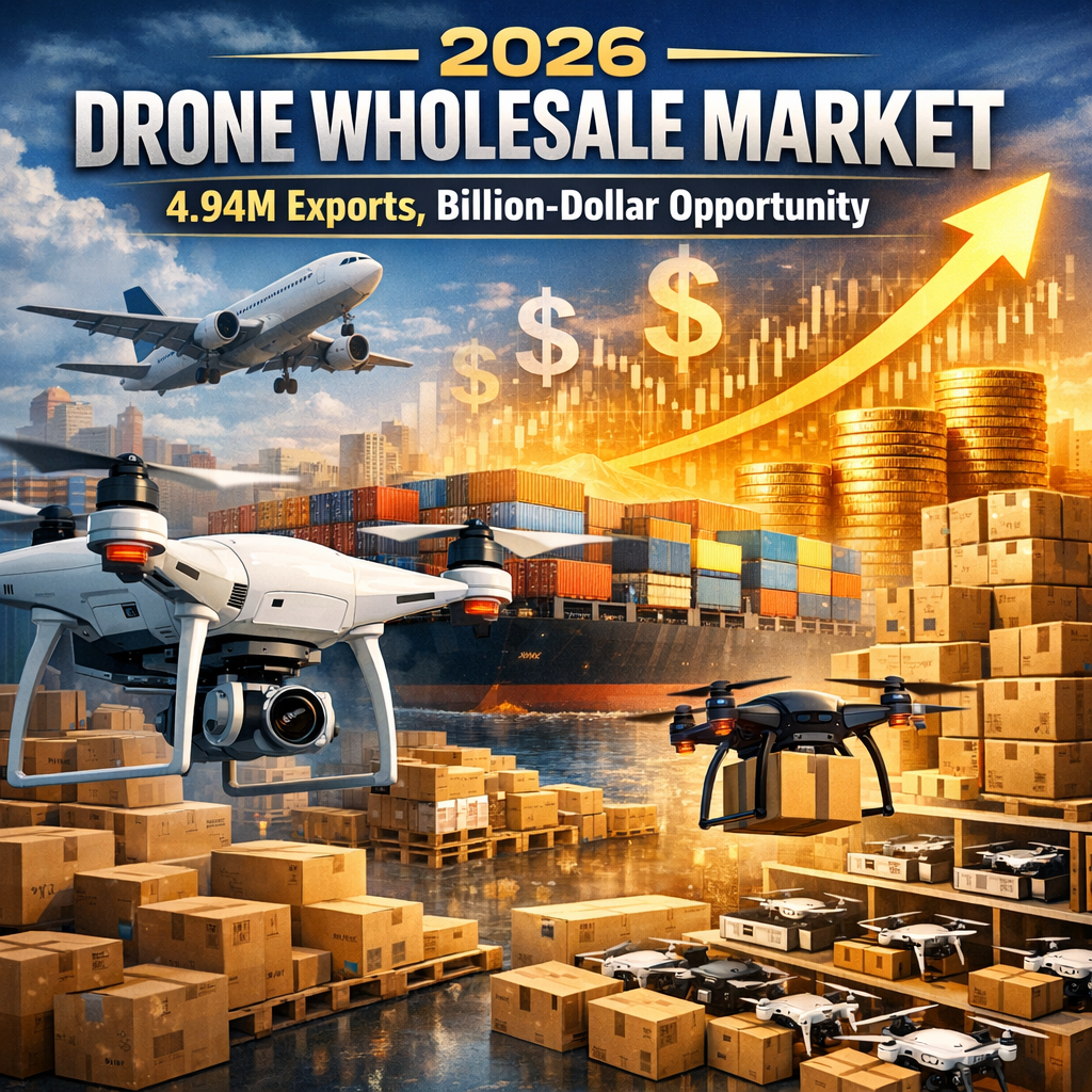 2026 drone wholesale market infographic showing growth, logistics shipping, and billion-dollar export opportunities