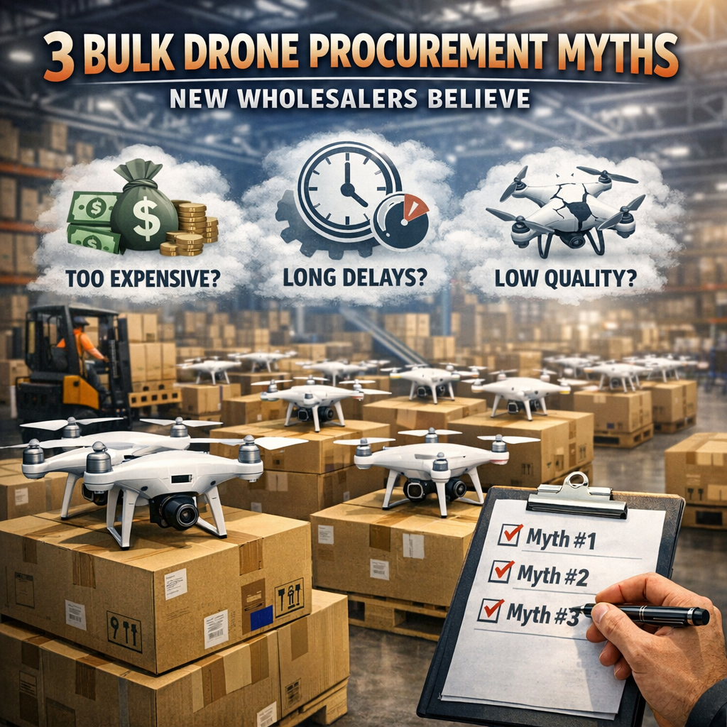 Warehouse packed with drones and boxes, illustrating common bulk drone procurement myths