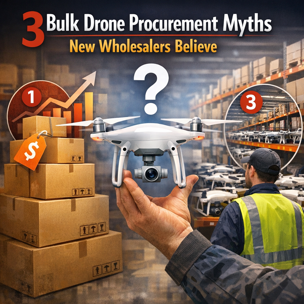 Warehouse worker holding a drone beside stacked boxes and an infographic about bulk drone procurement myths