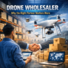 Drone wholesaler partnership concept with drones, warehouse, and a business handshake.