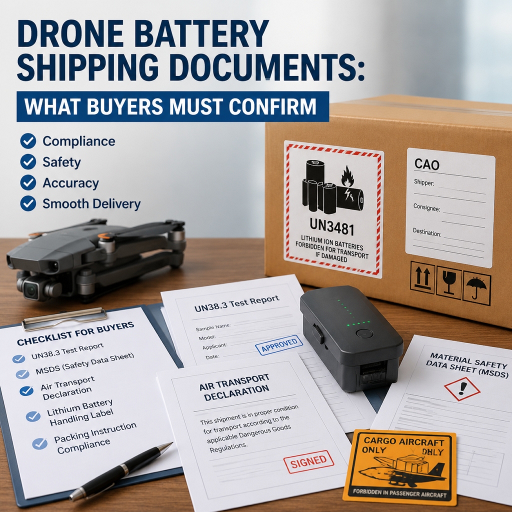 Checklist of drone battery shipping documents with compliance, safety, and accuracy notes