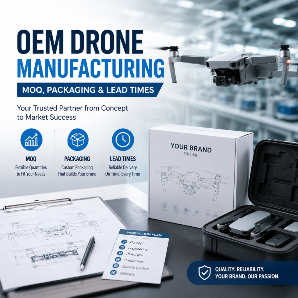 OEM drone manufacturing services highlighting flexible MOQ, custom packaging, and reliable lead times
