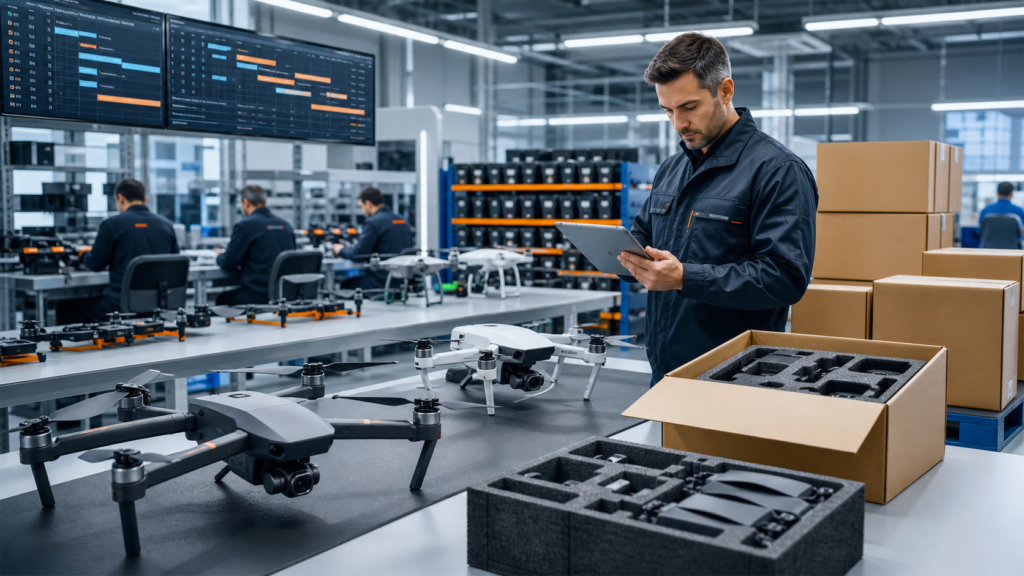 Man inspecting drone components in a high-tech manufacturing facility.