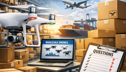 2026 drone wholesale guide with buyer questions, drones, shipping boxes, and logistics visuals