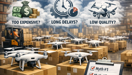 Warehouse packed with drones and boxes, illustrating common bulk drone procurement myths