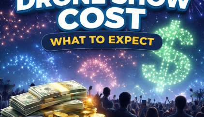 Pricing guide for a 30-minute drone show with fireworks and money icons.