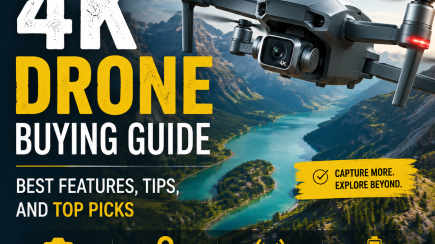 4K drone flying over mountains and a lake with a buying guide on features and tips