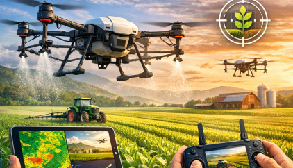 Agricultural drone monitoring crop health over a farm field with data analysis on a remote screen