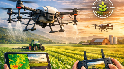 Agricultural drone monitoring crop health over a farm field with data analysis on a remote screen
