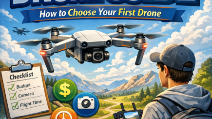Beginner drone guide graphic with tips on budget, camera quality, and flight time for choosing a first drone