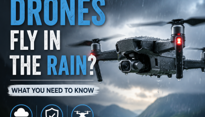 Drone flying in rainy weather, illustrating safety tips and risks for wet conditions